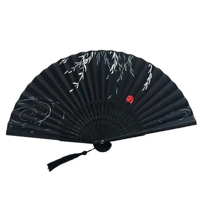 Folding Hand Fan With Tassel  Retro Chinese Style Bamboo And Cloth Fan 1