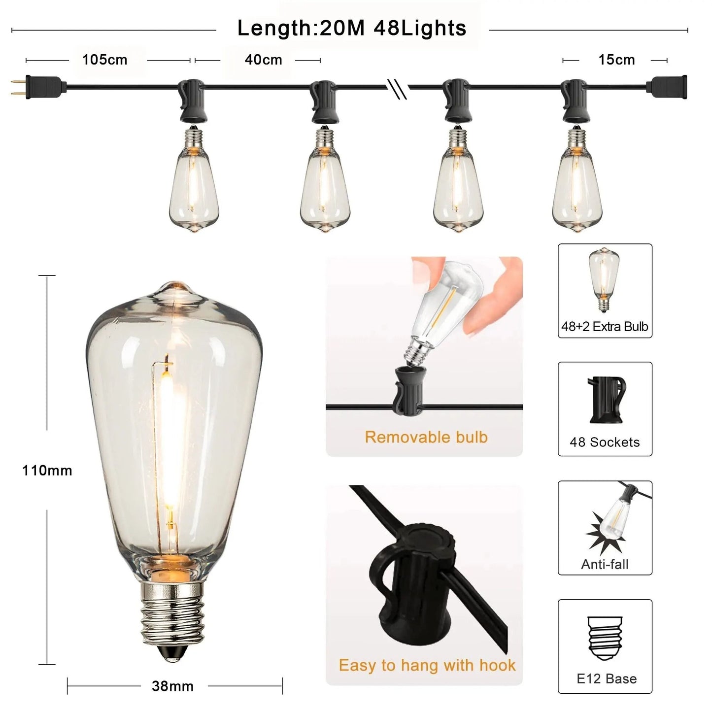 ST38 Outdoor String Lights With Connectable Waterproof LED Bulbs For Patio Garden And Home Decor 10