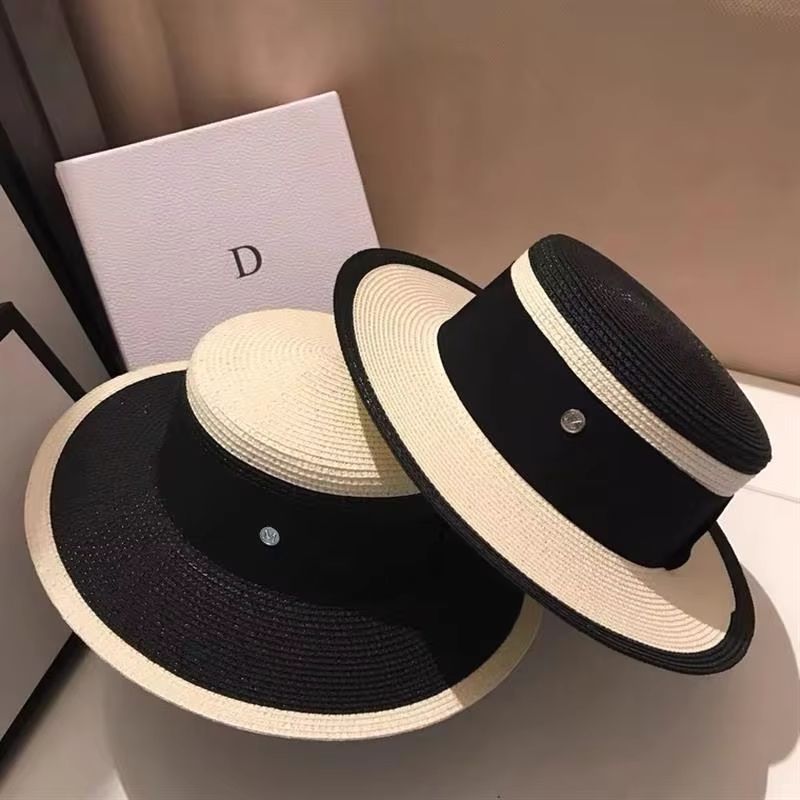Chic Flat-Top Sun Straw Hat – Women's British-French Elegant Black & White Summer Hat