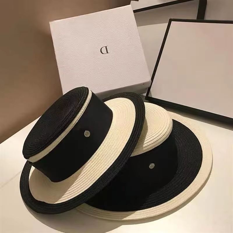 Chic FlatTop Sun Straw Hat  Womens BritishFrench Elegant Black  White Summer Hat 1