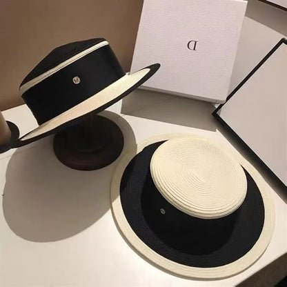 Chic FlatTop Sun Straw Hat  Womens BritishFrench Elegant Black  White Summer Hat 2