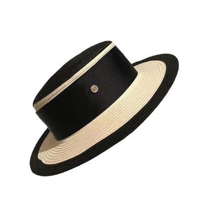 Chic FlatTop Sun Straw Hat  Womens BritishFrench Elegant Black  White Summer Hat 3