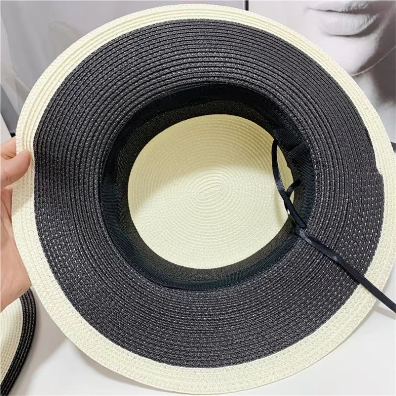 Chic FlatTop Sun Straw Hat  Womens BritishFrench Elegant Black  White Summer Hat 5