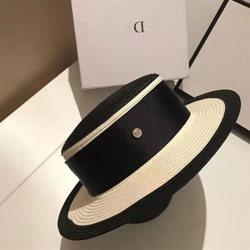 Chic FlatTop Sun Straw Hat  Womens BritishFrench Elegant Black  White Summer Hat 6