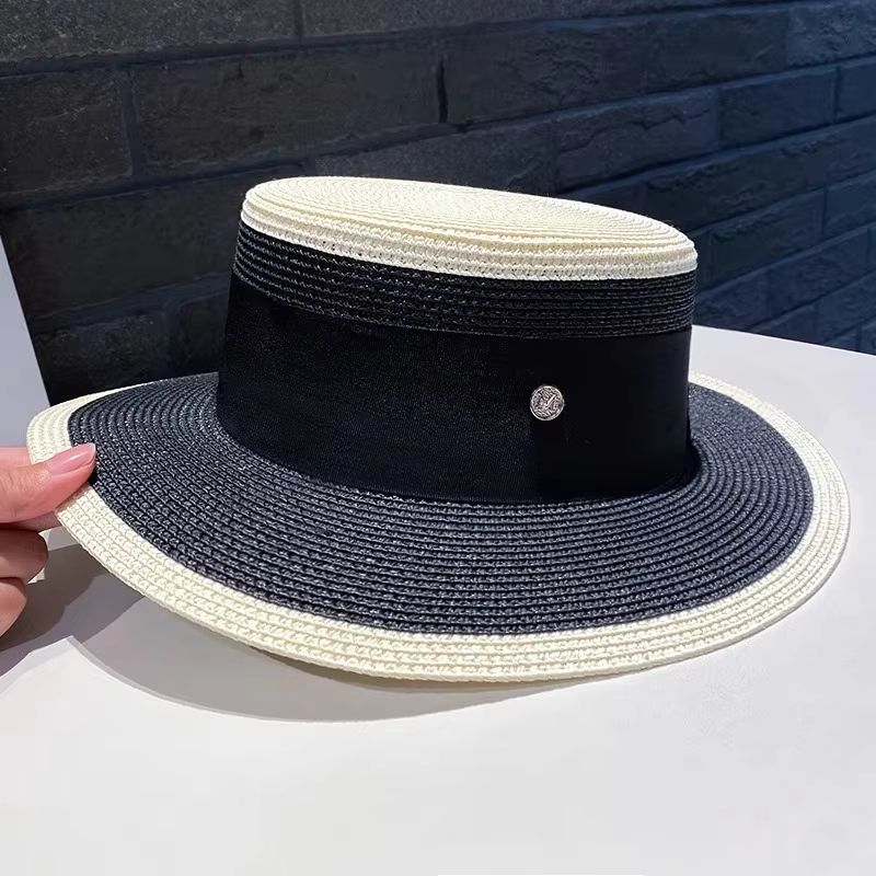 Chic FlatTop Sun Straw Hat  Womens BritishFrench Elegant Black  White Summer Hat 7