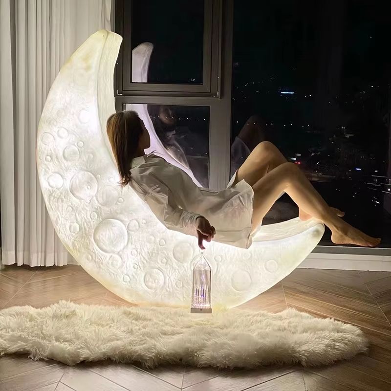 MoonLounge Crescent Floor Lamp & Chair – Nordic Ambient Moonlight Design