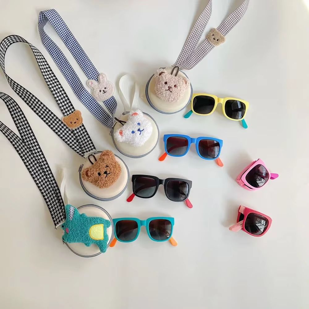Kids Foldable Neckstrap Sunglasses Case Set – Color-Block UV400 Glasses Pouch for Boys Girls Travel Sun Protection