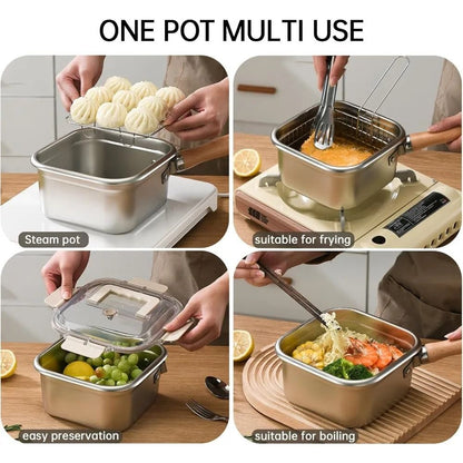 MultiFunction Frying Cooker Set Stainless Steel Deep Fryer Pot With Basket And Tongs 2
