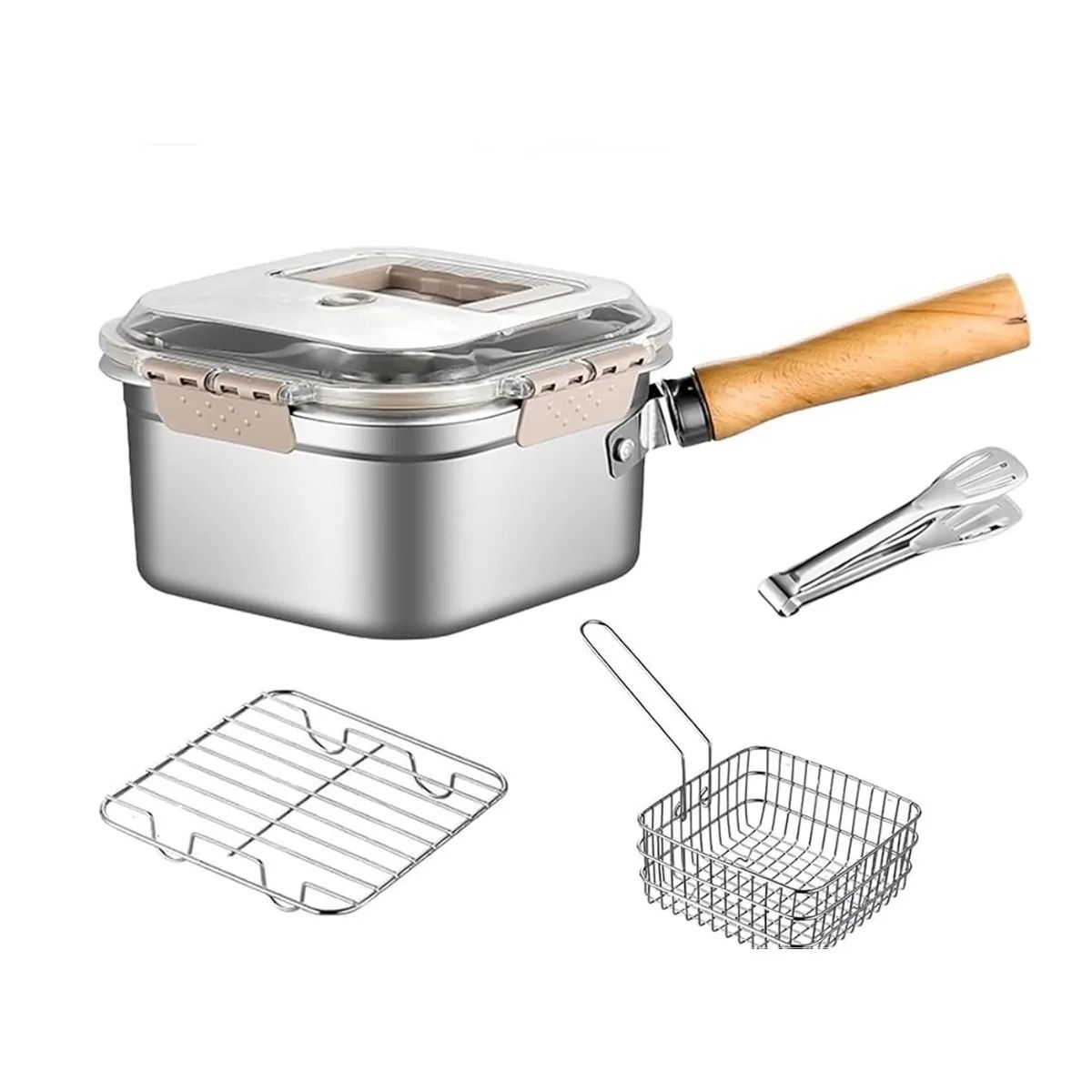 MultiFunction Frying Cooker Set Stainless Steel Deep Fryer Pot With Basket And Tongs 6