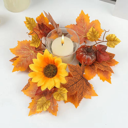 Autumn Maple Leaves Sunflower Candle Ring Wreath for Pillar Candles
