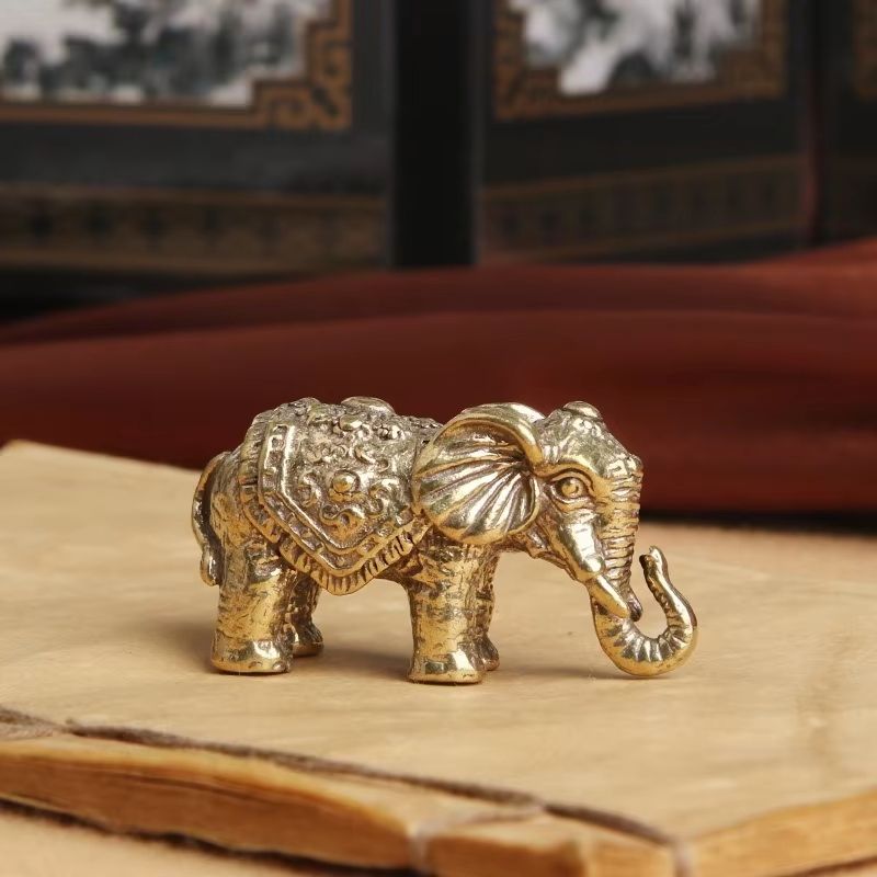 Antique Bronze Mini Elephant Figurines  Solid Copper Tea Pet  Table Decor Set 2