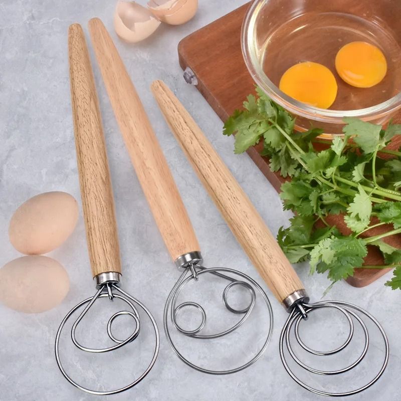 Danish Dough Whisk Stainless Steel Hand Mixer with Wooden Handle