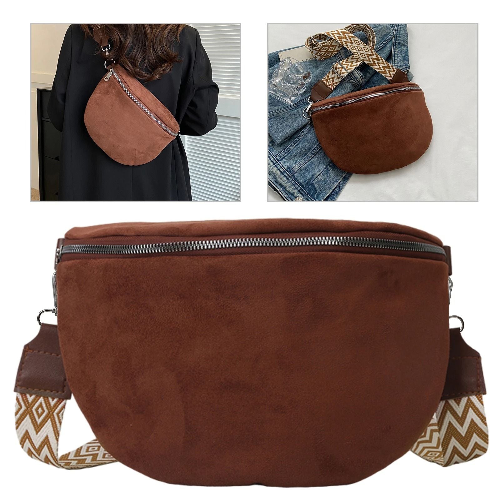 Fashion Suede Women Waist Bag Retro Half Moon Chest Bag with Wide Strap