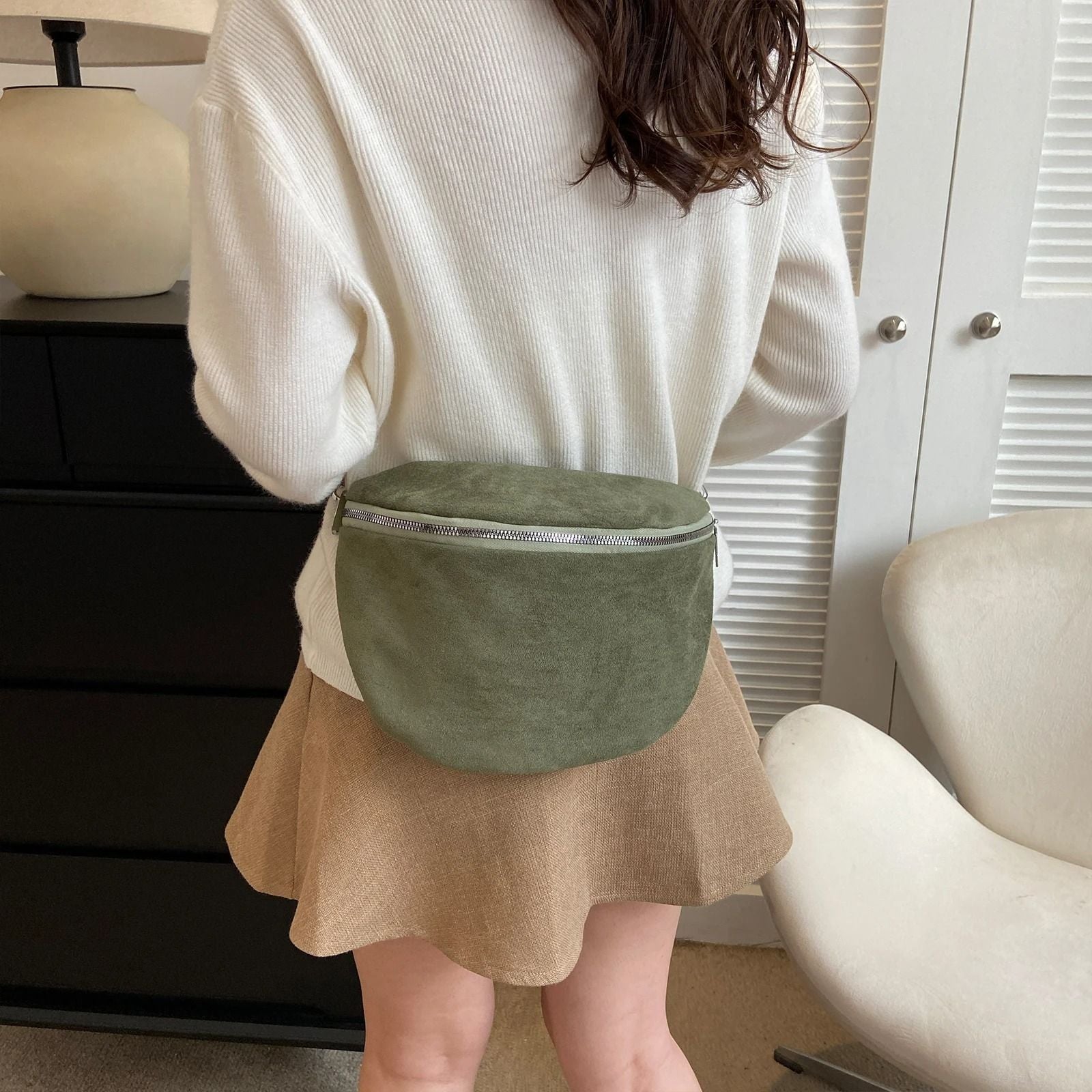 Fashion Suede Women Waist Bag Retro Half Moon Chest Bag With Wide Strap 6