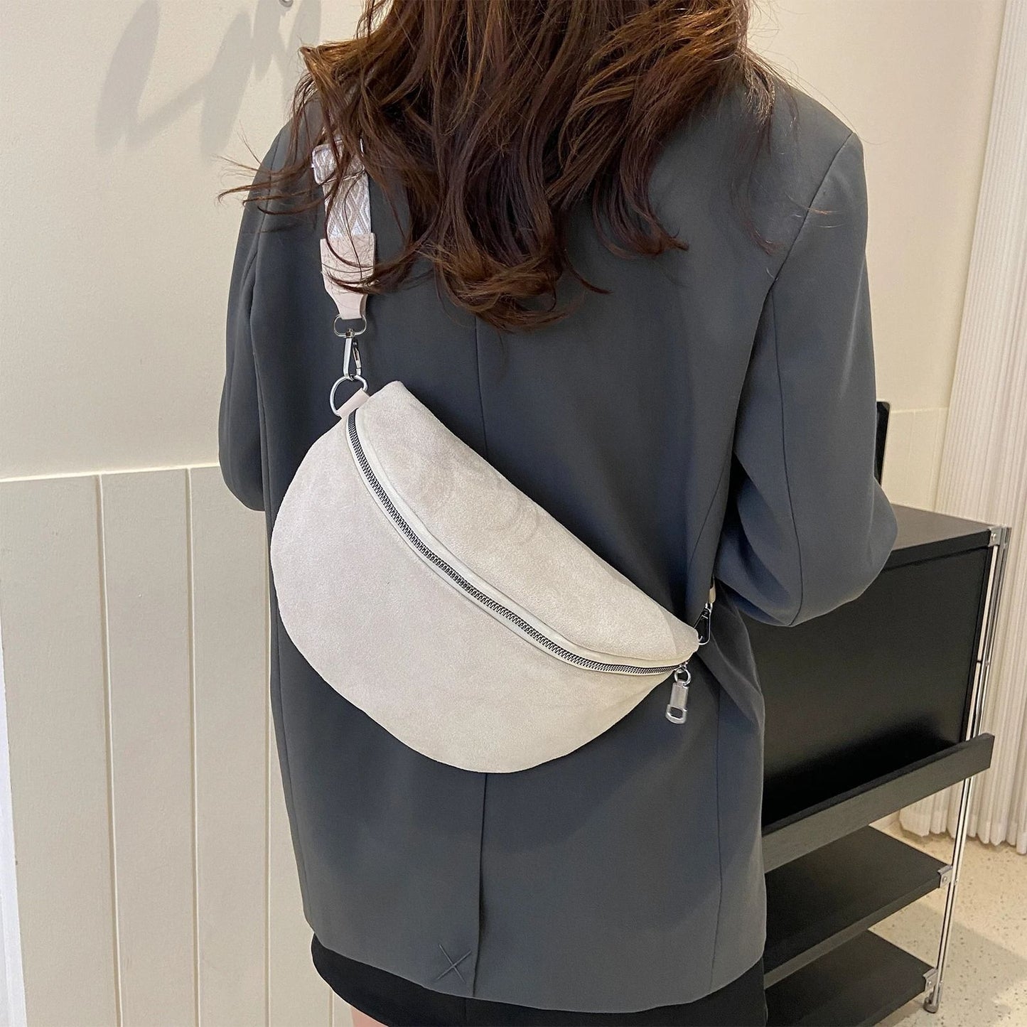 Fashion Suede Women Waist Bag Retro Half Moon Chest Bag With Wide Strap 8