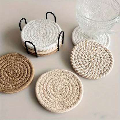 Woven Drink Coaster Set With Holder 8 Piece Absorbent Cup Mats