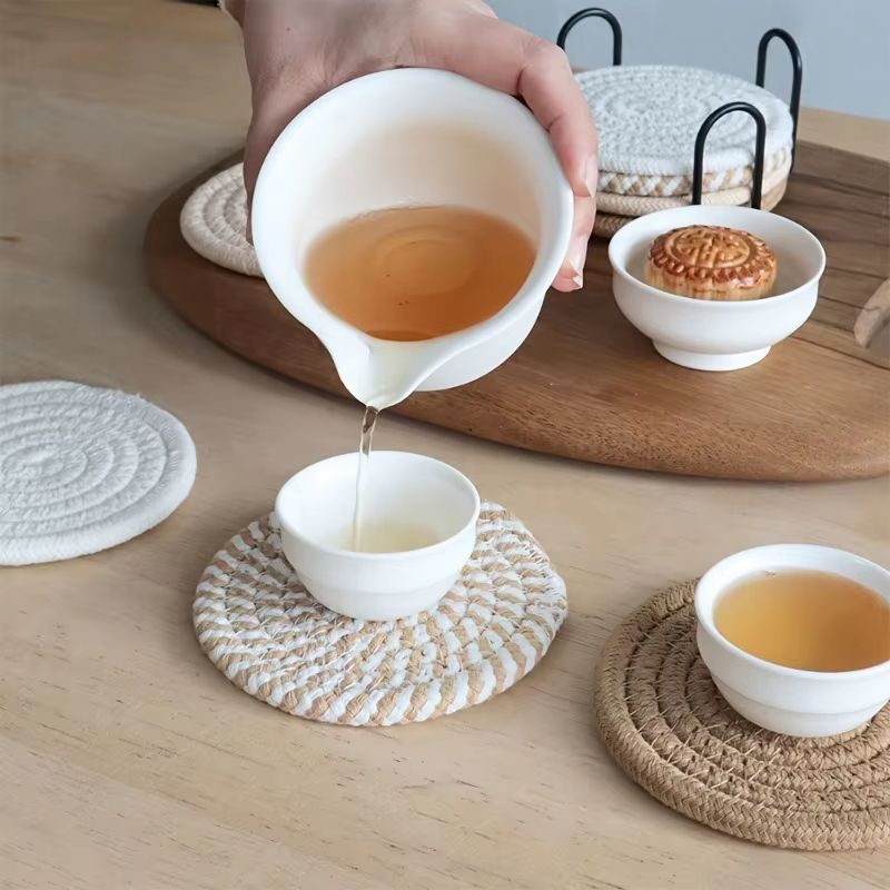 Woven Drink Coaster Set With Holder 8 Piece Absorbent Cup Mats 5