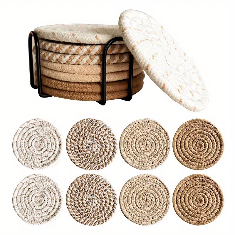 Woven Drink Coaster Set With Holder 8 Piece Absorbent Cup Mats 7