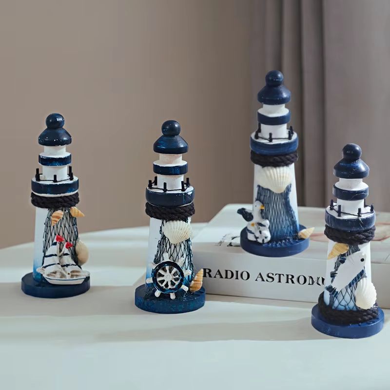 Mediterranean Wooden Lighthouse Ornament – 5-Inch Home Decor