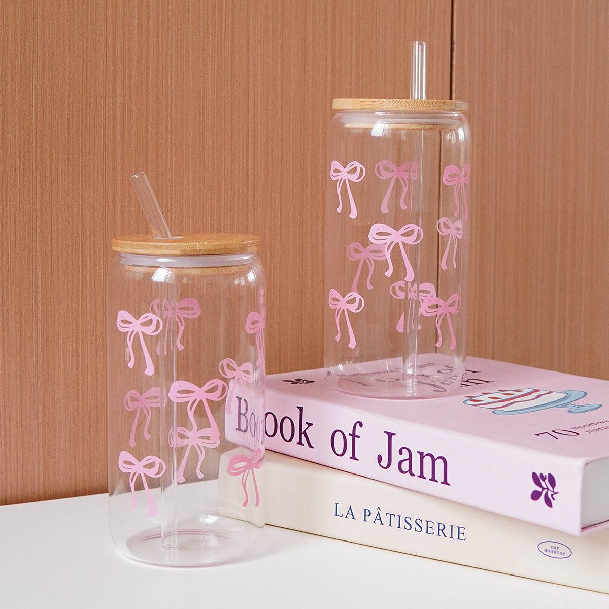 Glass Bow Printed Cup, Glass Cup with Lid and Straw, Exquisite High-End Bow Glass Cup for Home Decoration, Party, Picnic