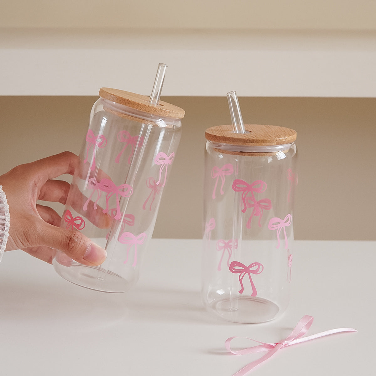 Glass Bow Printed Cup Glass Cup With Lid And Straw Exquisite HighEnd Bow Glass Cup For Home Decorat