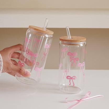 Glass Bow Printed Cup Glass Cup With Lid And Straw Exquisite HighEnd Bow Glass Cup For Home Decorat