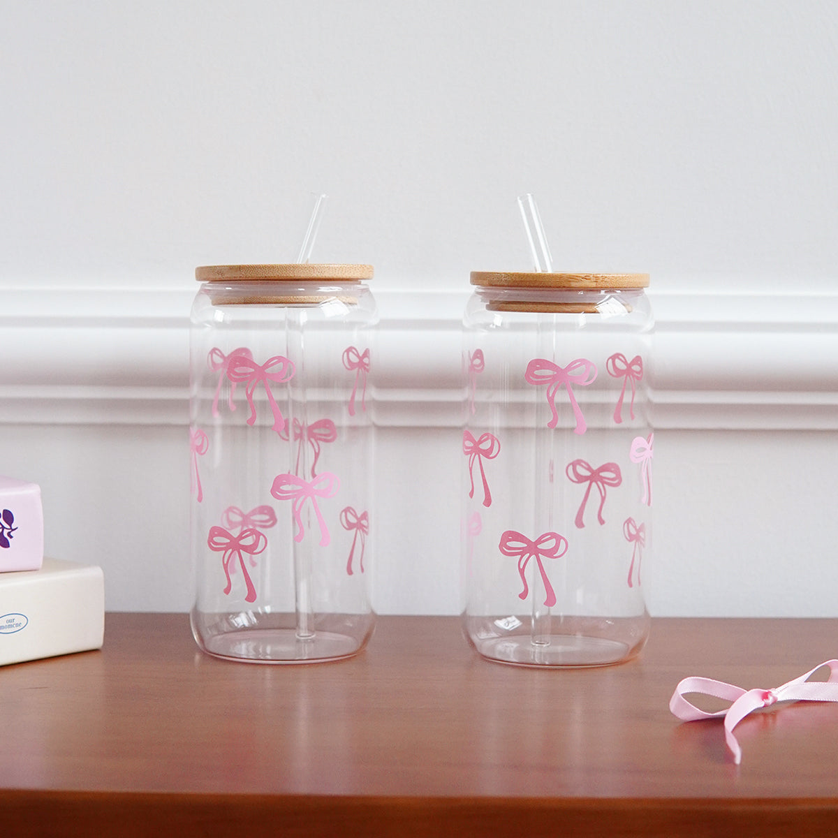 Glass Bow Printed Cup Glass Cup With Lid And Straw Exquisite HighEnd Bow Glass Cup For Home Decorat