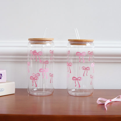 Glass Bow Printed Cup Glass Cup With Lid And Straw Exquisite HighEnd Bow Glass Cup For Home Decorat