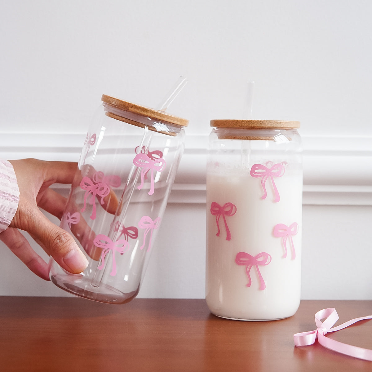 Glass Bow Printed Cup Glass Cup With Lid And Straw Exquisite HighEnd Bow Glass Cup For Home Decorat