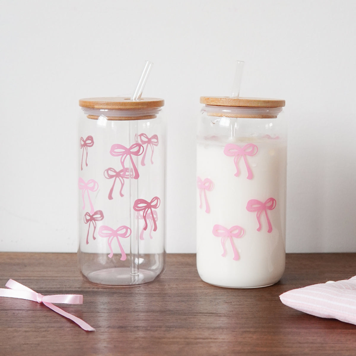 Glass Bow Printed Cup Glass Cup With Lid And Straw Exquisite HighEnd Bow Glass Cup For Home Decorat