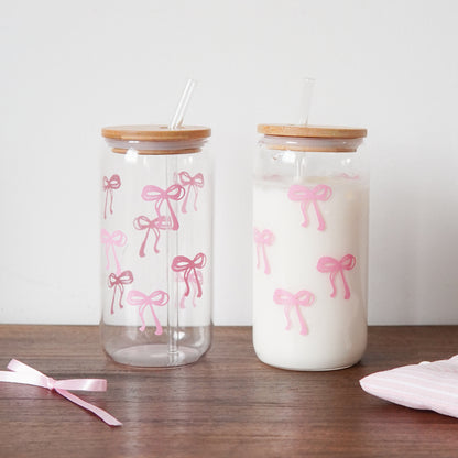 Glass Bow Printed Cup Glass Cup With Lid And Straw Exquisite HighEnd Bow Glass Cup For Home Decorat