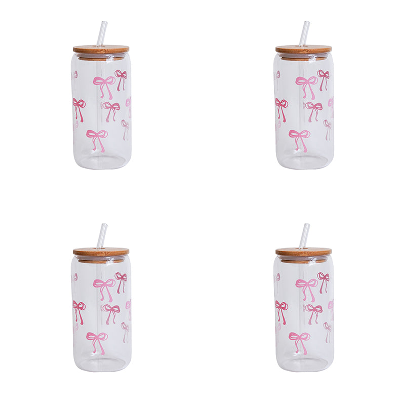 Glass Bow Printed Cup Glass Cup With Lid And Straw Exquisite HighEnd Bow Glass Cup For Home Decorat