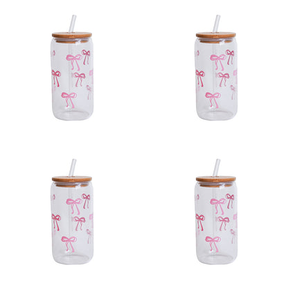 Glass Bow Printed Cup Glass Cup With Lid And Straw Exquisite HighEnd Bow Glass Cup For Home Decorat