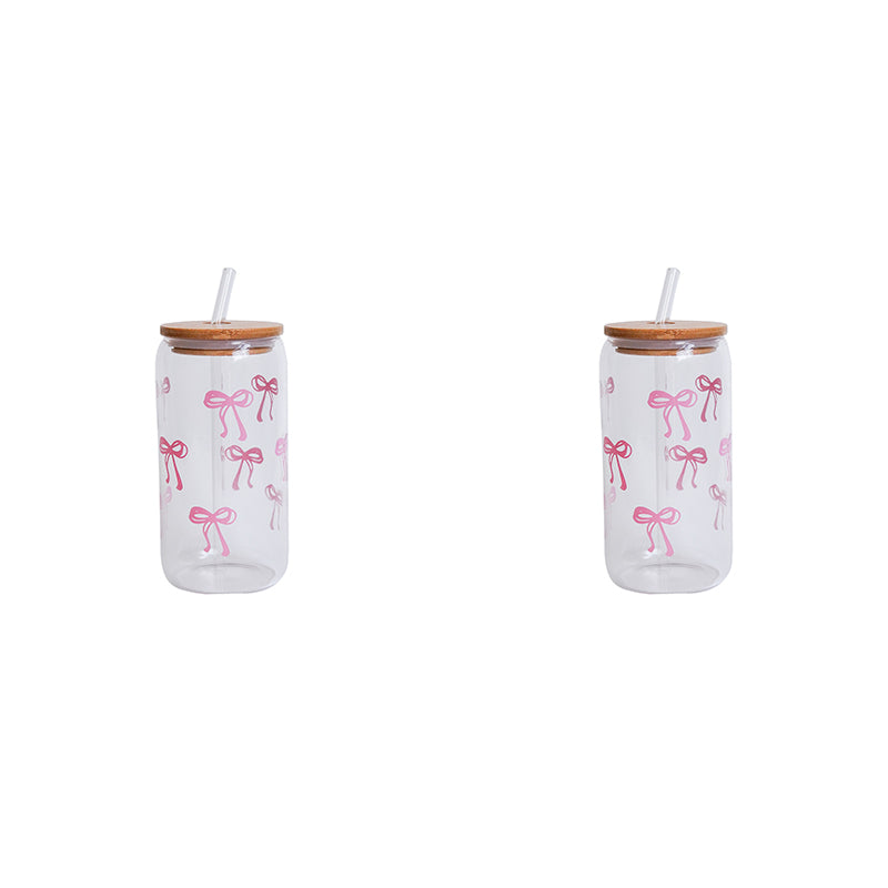 Glass Bow Printed Cup Glass Cup With Lid And Straw Exquisite HighEnd Bow Glass Cup For Home Decorat
