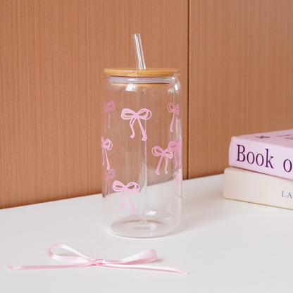 Glass Bow Printed Cup Glass Cup With Lid And Straw Exquisite HighEnd Bow Glass Cup For Home Decorat