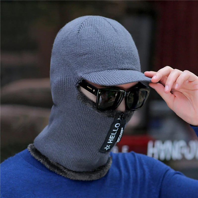 Winter Warm Wool Hat Men, Knitted Capd Scarf, Ear Protection Hats, Windproof Outdoor Bicycle Thick Cap