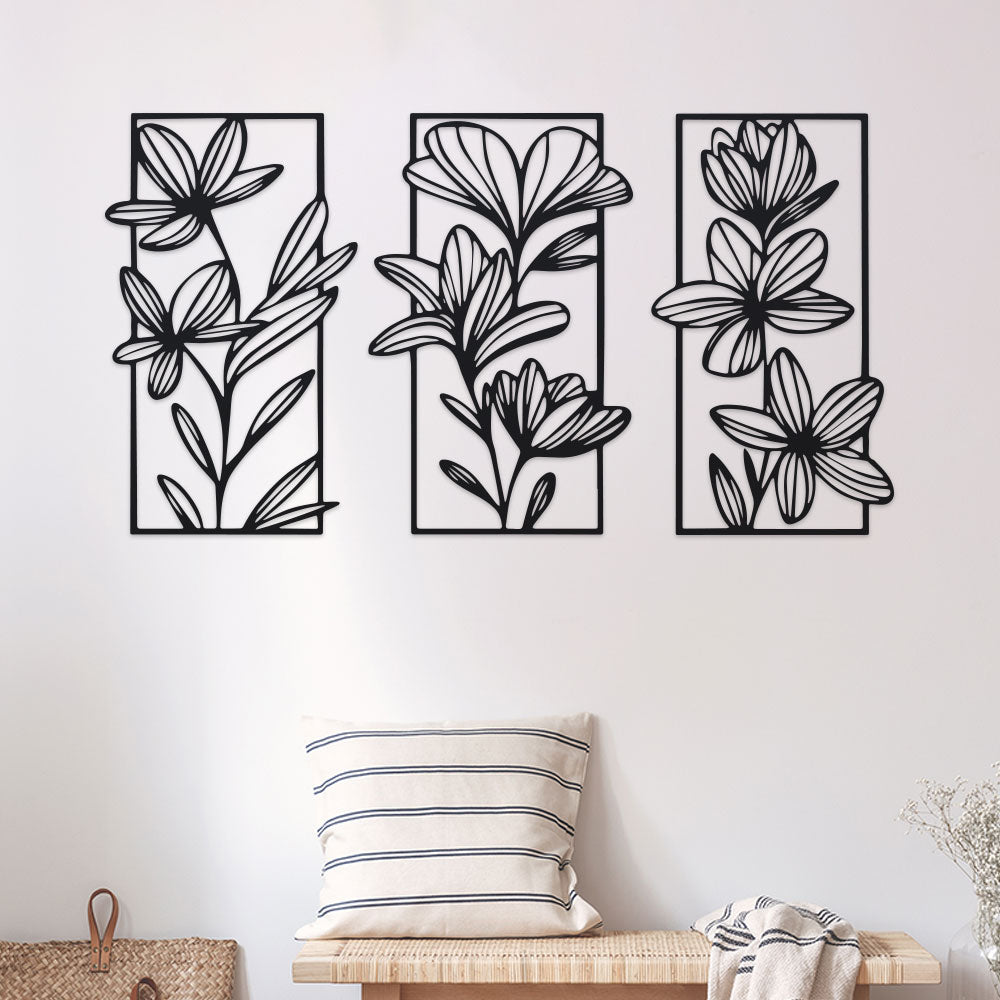 3 Piece Floral Metal Wall Sculptures, Classic Iron Wall Art Decor for Bedroom, Elegant Modern Flower Wall Murals