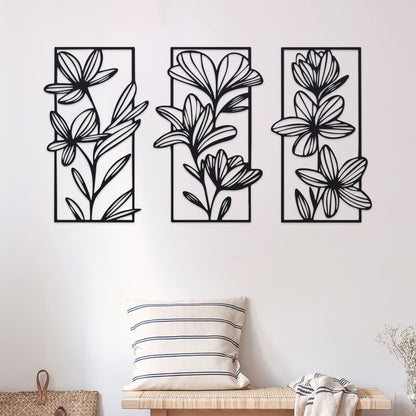 3 Piece Floral Metal Wall Sculptures, Classic Iron Wall Art Decor for Bedroom, Elegant Modern Flower Wall Murals