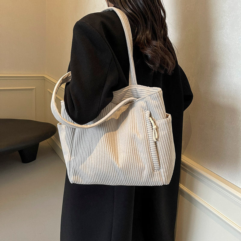Light Corduroy Handbag Casual Daily Commuter Handbag Large Capacity Solid Color Zipper Closure Fixe 1