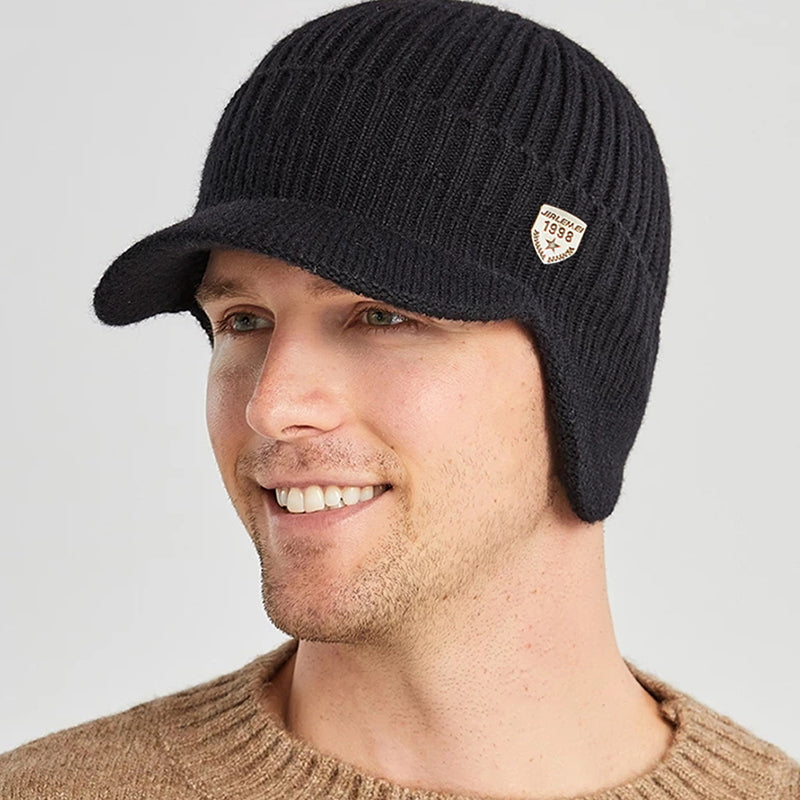 Outdoor Cycling Men Winter Hat, Knitted Bomber Hats, Peaked Cap, Casual Fashion, Warm Ear Protection