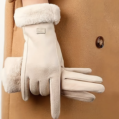 Plush Lined Comfortable Beige Gloves, Winter Protection, Touchscreen Compatible, Outdoor Leisure Warm Gloves