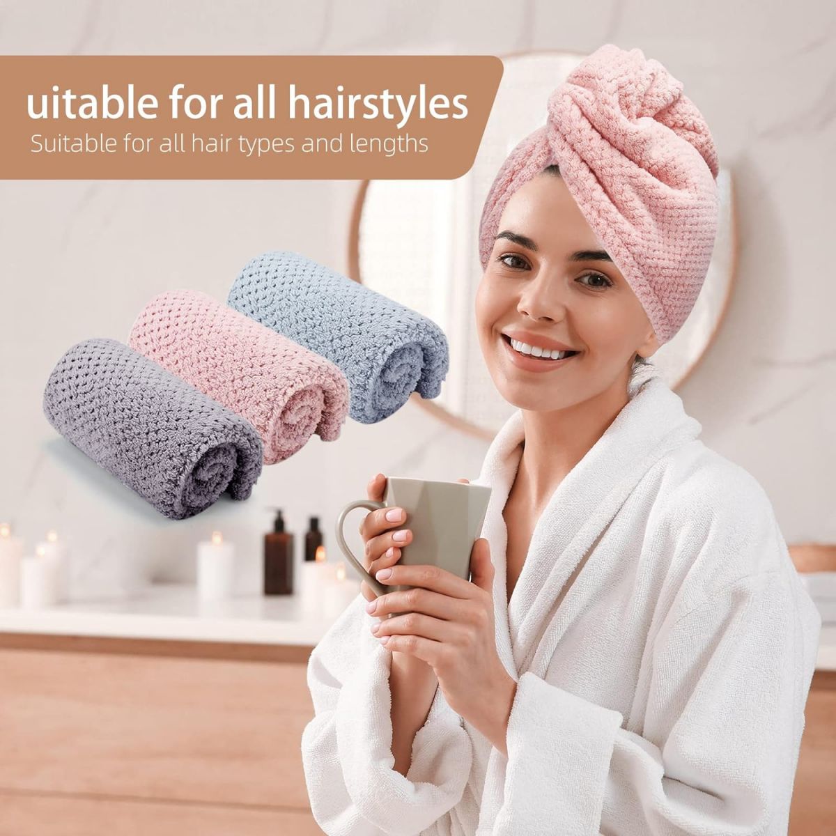 Solid Colour Hair Towel, Absorbent Hair Towel Wrap, Textured Dry Hair Cap, Button-Down Women