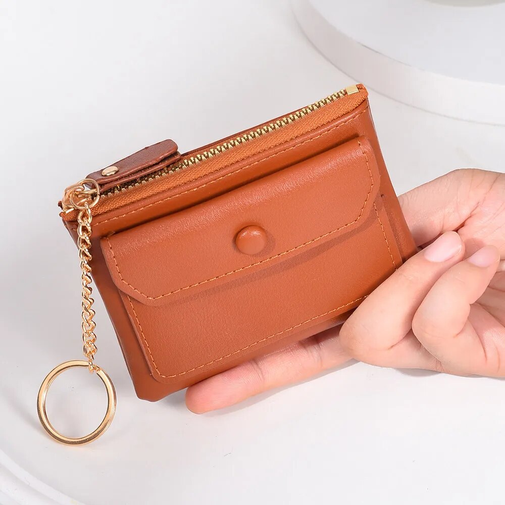 Leather Mini Short Wallet, New Fashion Women's Zipper Coin Wallet, Credit Card Keychain Wallet