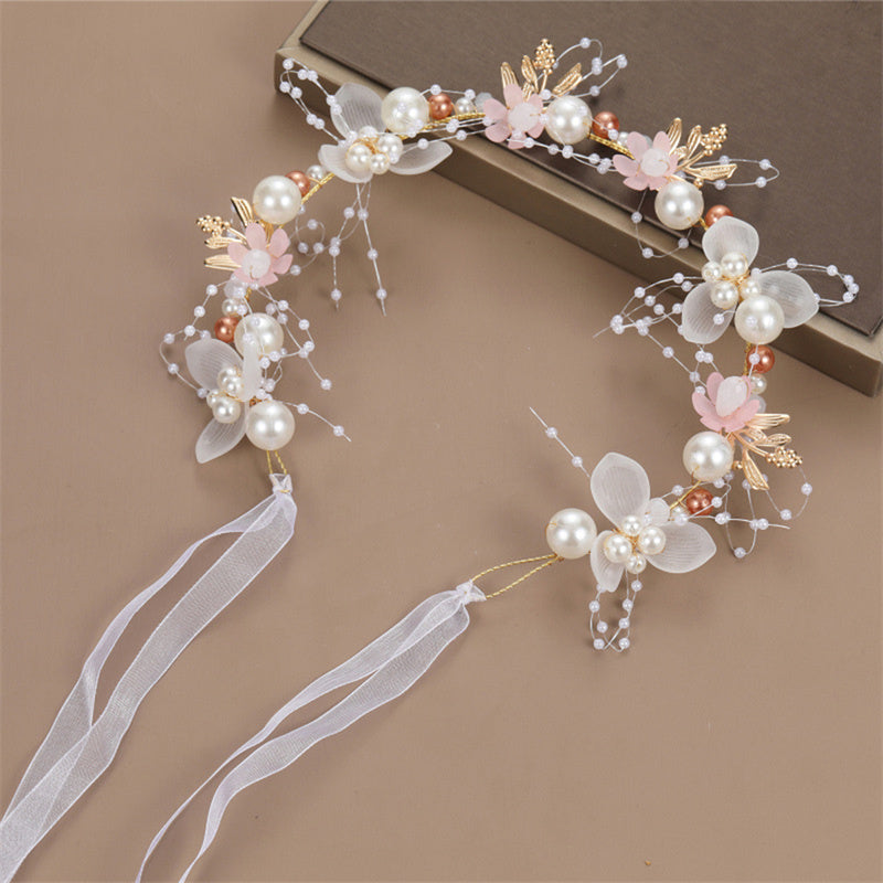 Bohemian Spring Bridal Pearl Hair Headdress Flower Wreath Bride Garland Head Hoop Headbands Girls H 15