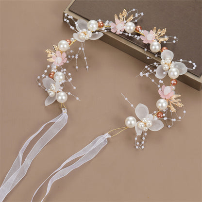 Bohemian Spring Bridal Pearl Hair Headdress Flower Wreath Bride Garland Head Hoop Headbands Girls H 15