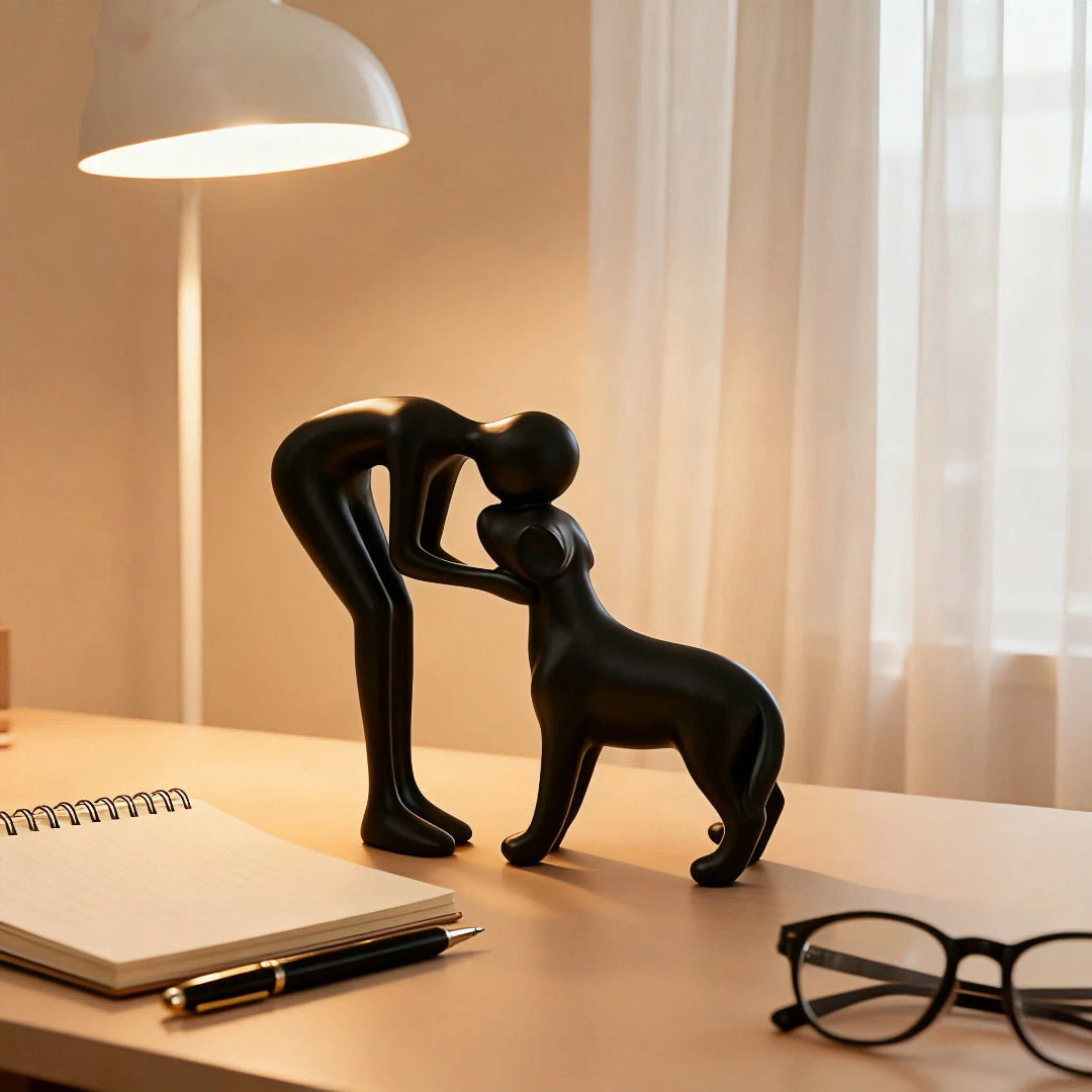 Abstract art figurines, interactive human and pet sculptures, home and office decor