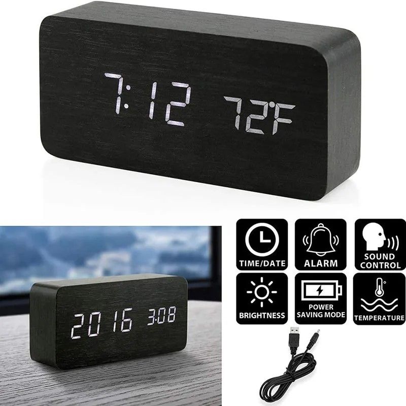 Woodgrain Luxe LED Alarm Clock Digital Wooden Desk Clock With Temperature Display 10