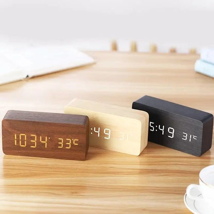 Woodgrain Luxe LED Alarm Clock Digital Wooden Desk Clock With Temperature Display 11