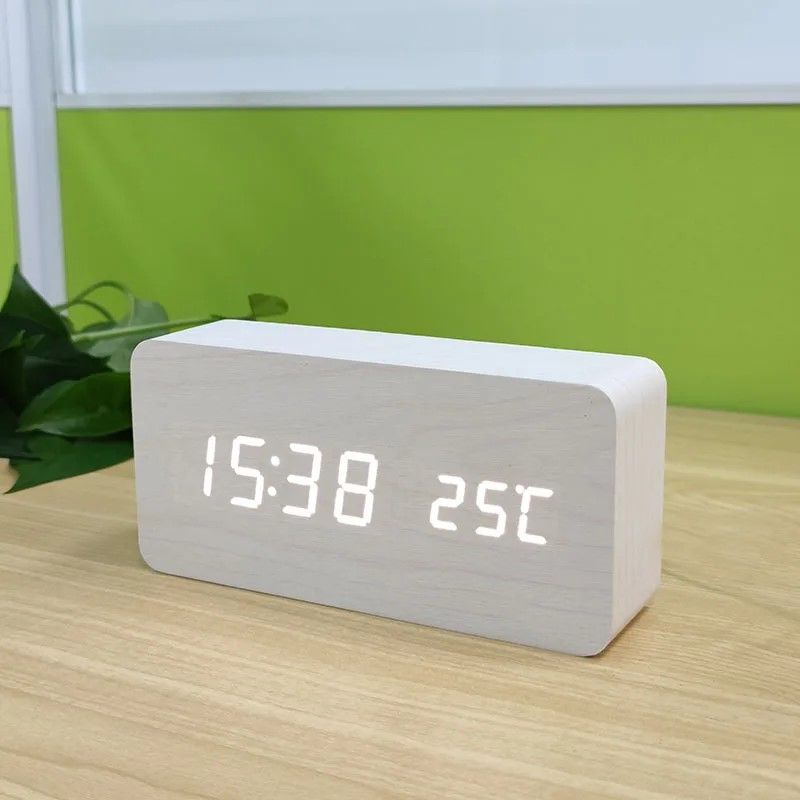 Woodgrain Luxe LED Alarm Clock Digital Wooden Desk Clock With Temperature Display 12