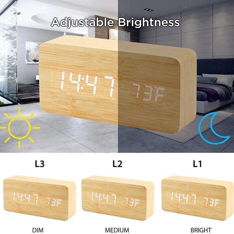 Woodgrain Luxe LED Alarm Clock Digital Wooden Desk Clock With Temperature Display 2